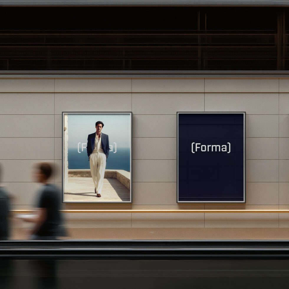 Two framed posters on beige wall, left shows man in blazer on coastal terrace, right is blank navy
