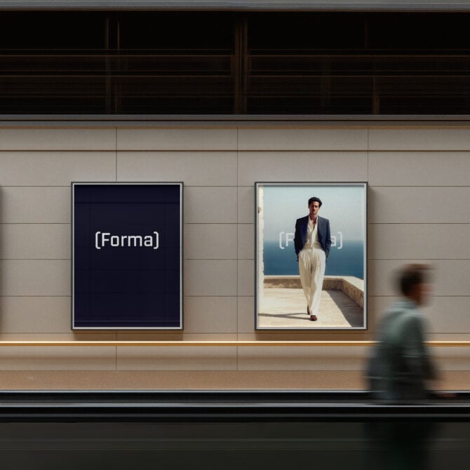 Two framed posters on a modern gallery wall with minimal typography mockup