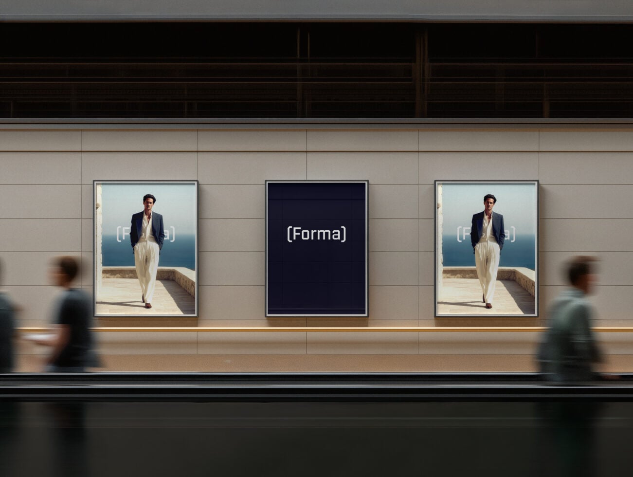 Three framed posters in storefront, photos on both ends flanking center navy frame display