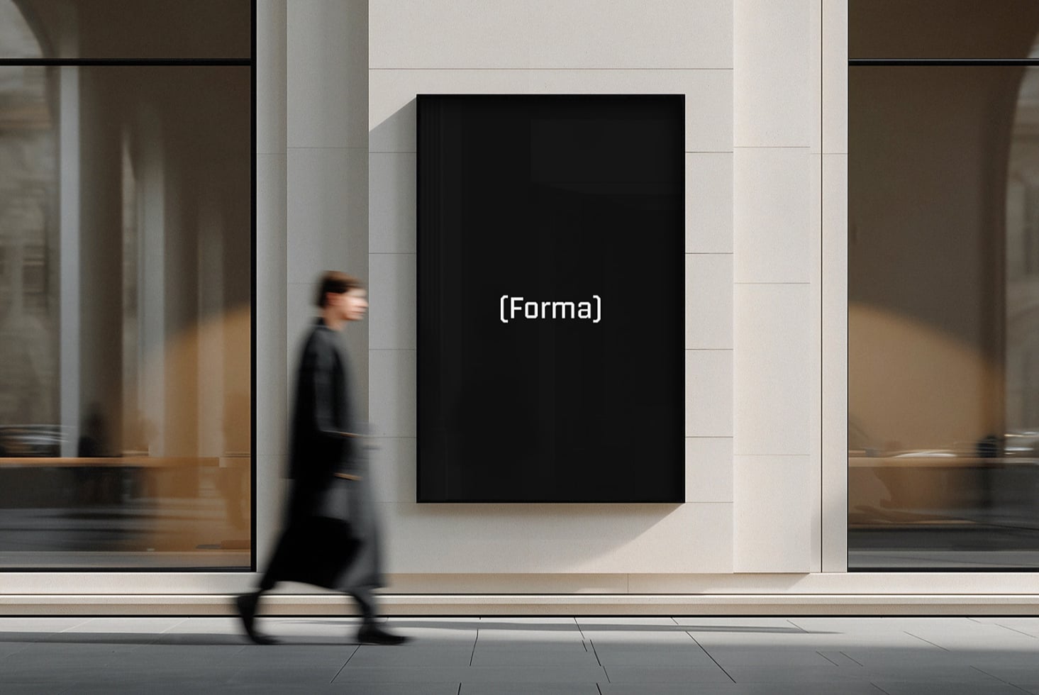 Large black rectangle display on white tiled wall with passing pedestrian
