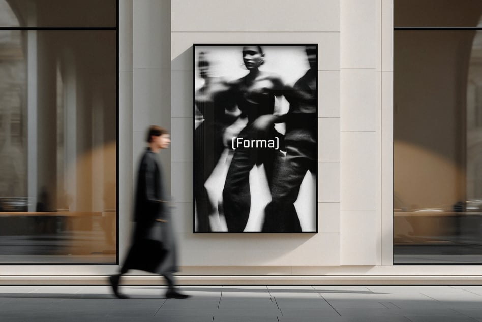 Motion blur photo in black frame mounted on minimal white storefront