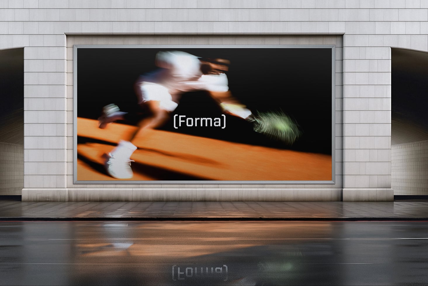 Blurred motion of skateboarder on orange ramp against dark background