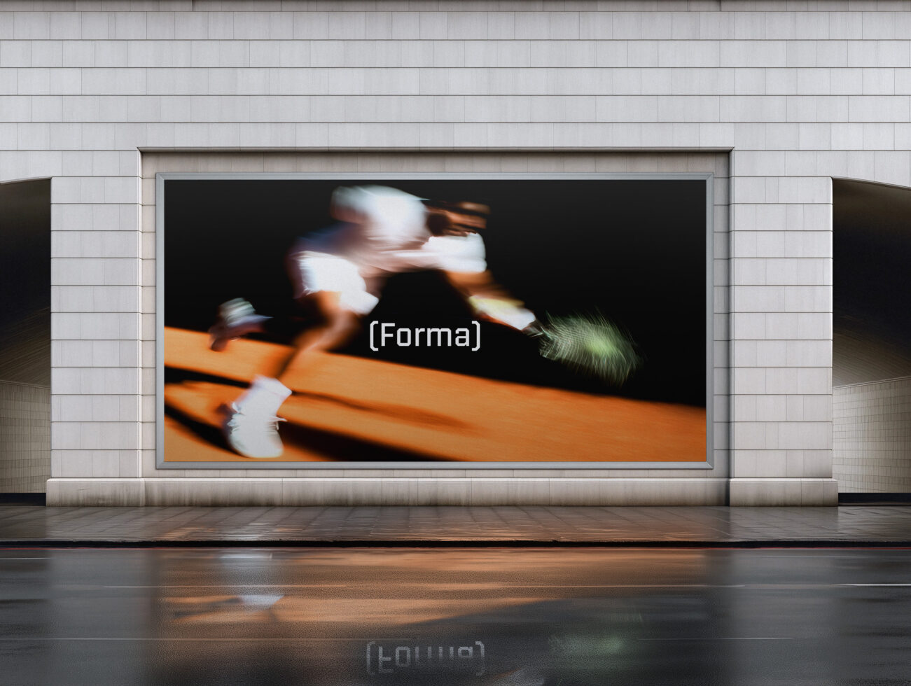 Wide screen showing blurred runner on orange track in urban setting
