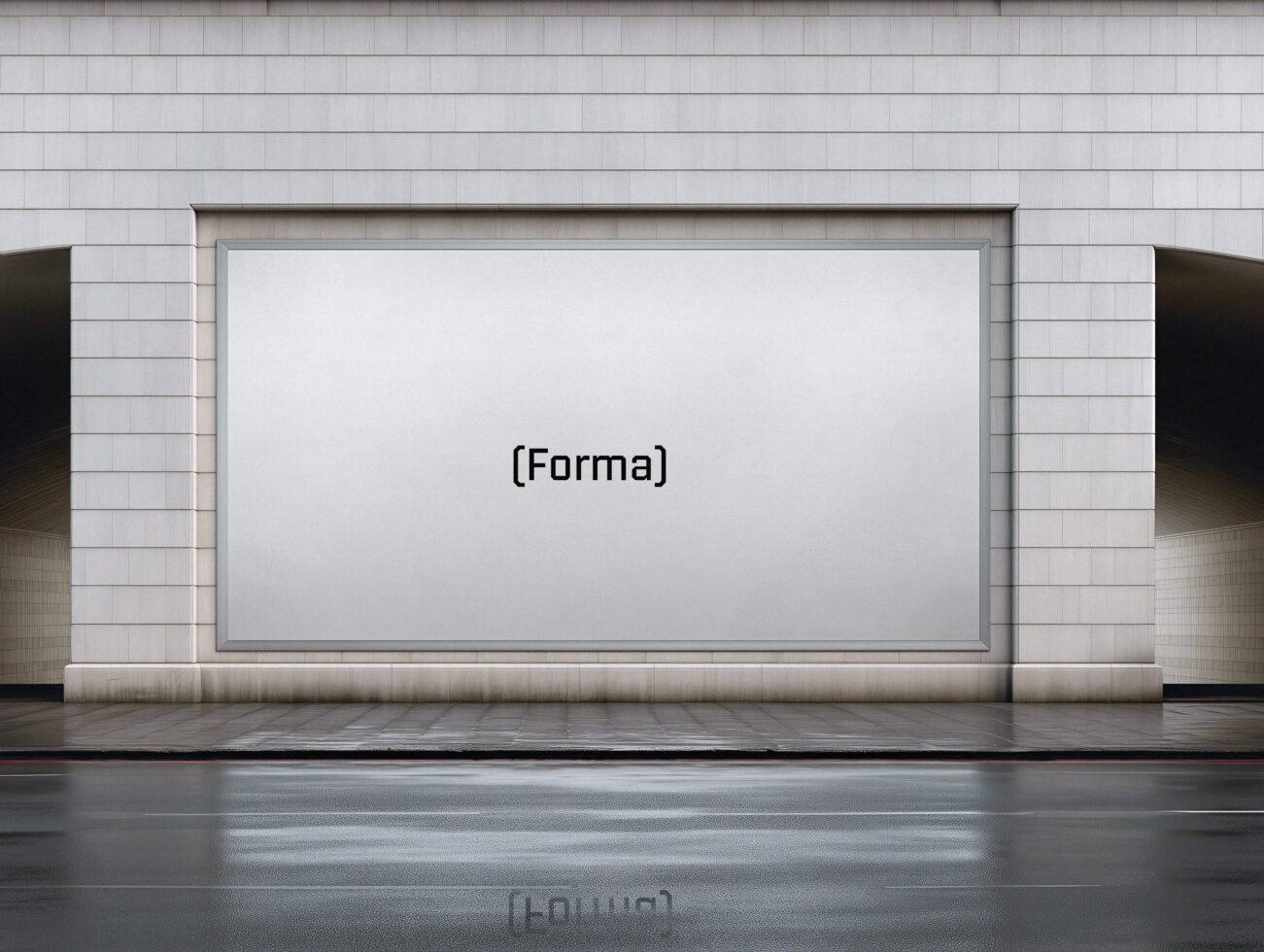 Blank horizontal billboard mockup on modern white tiled building facade
