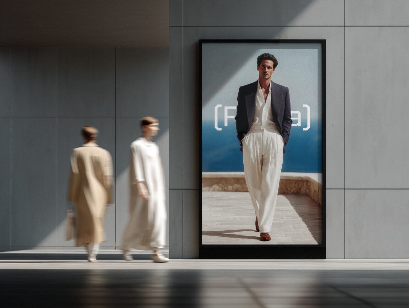 Digital billboard in modern lobby showing man in business casual outfit with Forma branding