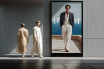 Digital billboard mockup showing man in blazer on beach with gradient sky background