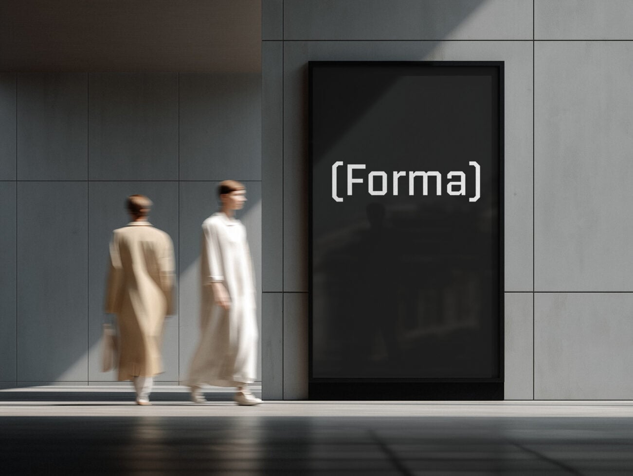 Black digital screen in minimalist corridor displaying Forma logo text