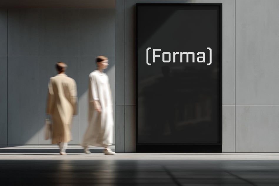 Large storefront display with (Forma) text on black screen, two blurred figures in neutral clothing walking past modern gray facade