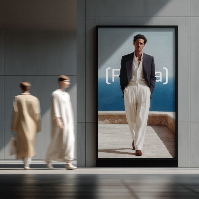 Digital billboard mockup showing male model in blazer with text overlay in modern storefront setting
