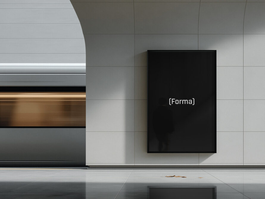 Black frame mockup on minimal gallery wall next to wood trim paneling