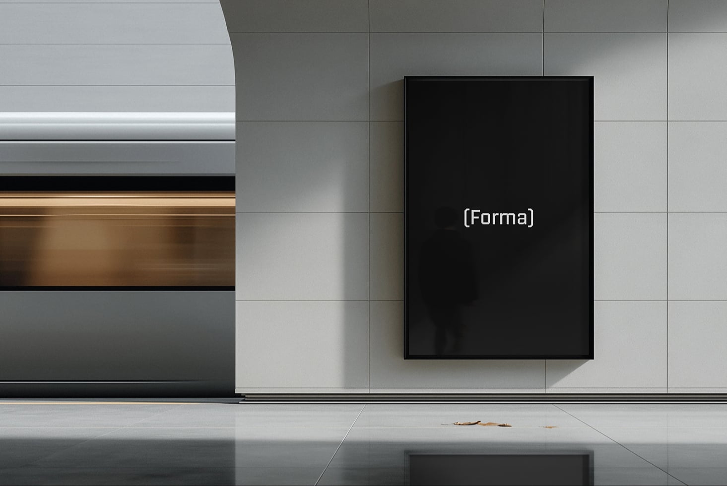 Blank black frame mockup mounted on light concrete wall panel