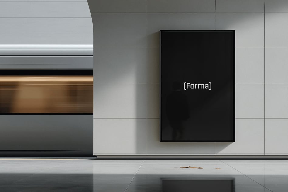 Blank black frame mockup mounted on light concrete wall panel