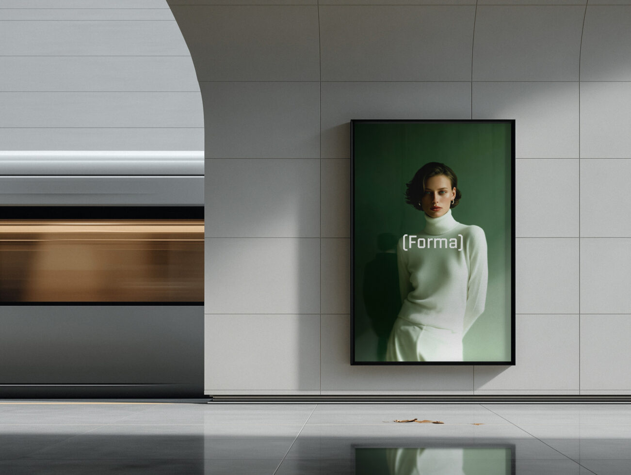 Portrait in black frame on neutral gallery wall with woman in green backdrop