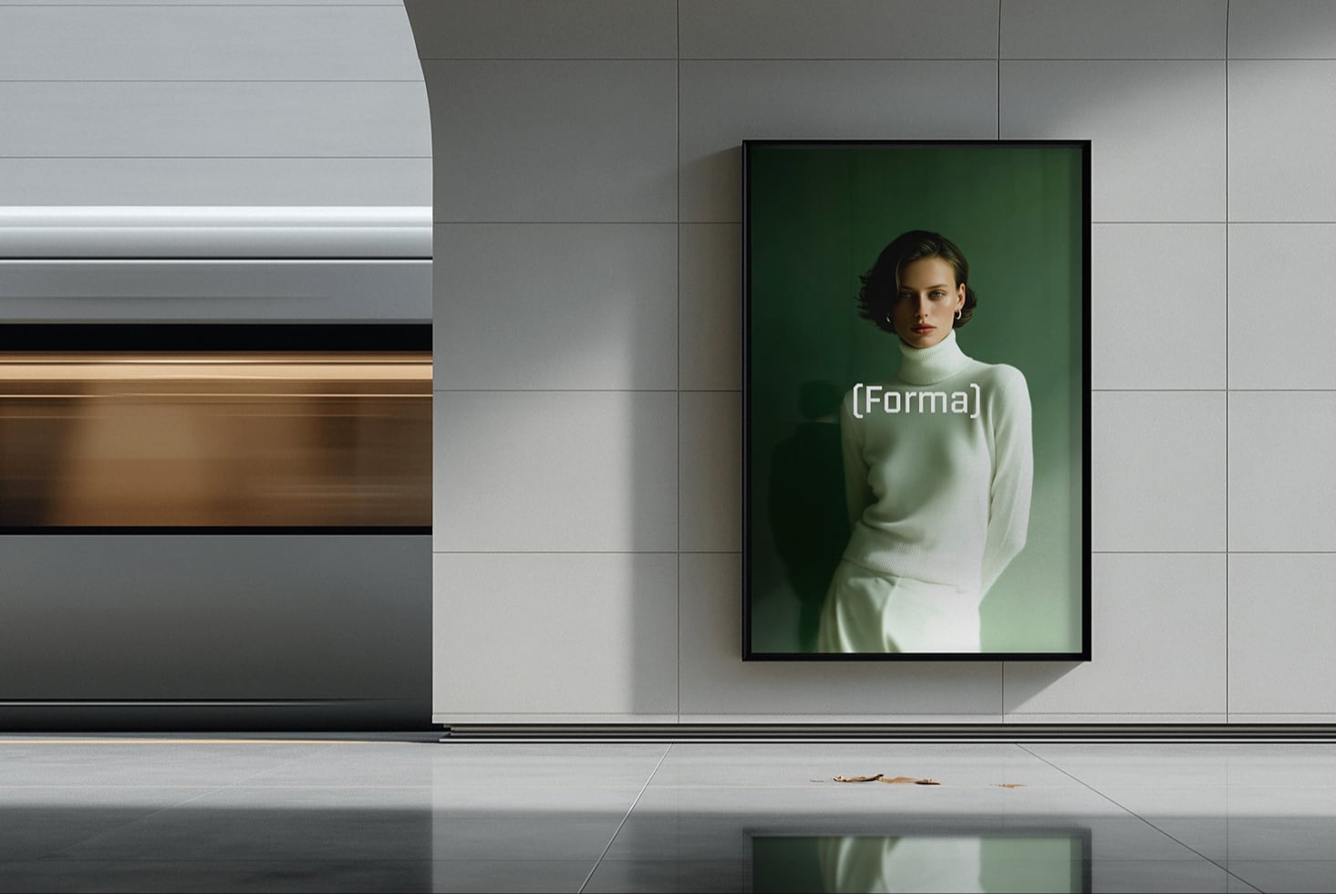 Portrait of woman in cream turtleneck displayed in black frame on green background