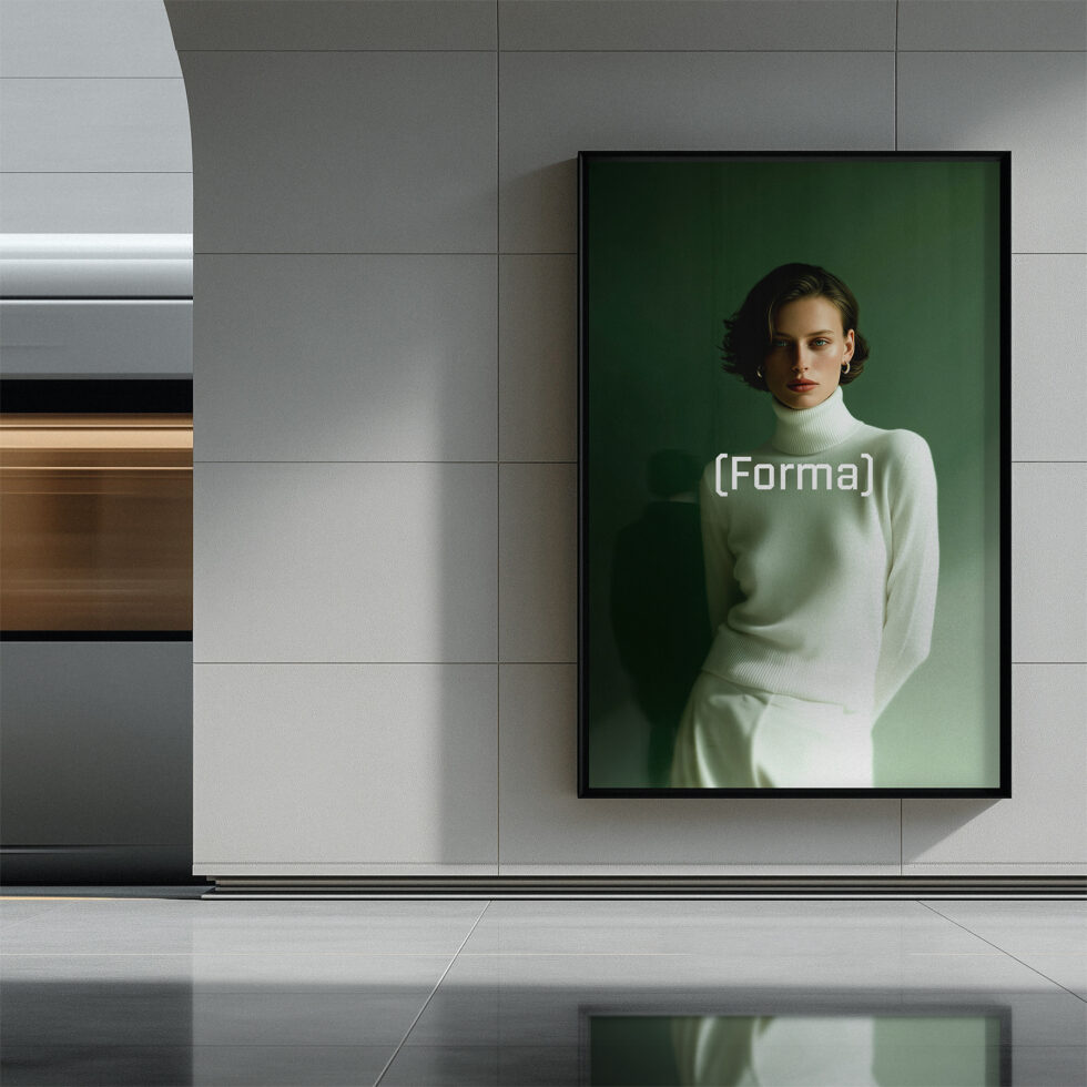 Framed portrait on minimalist gallery wall showing woman in cream turtleneck