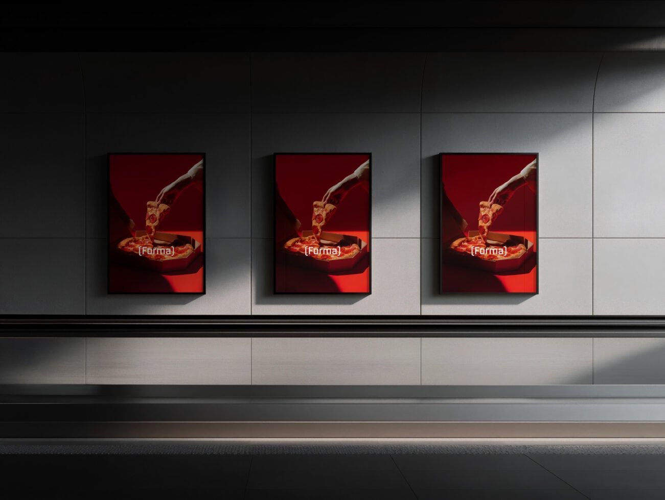 Three framed red posters showing liquid pour action on gallery wall