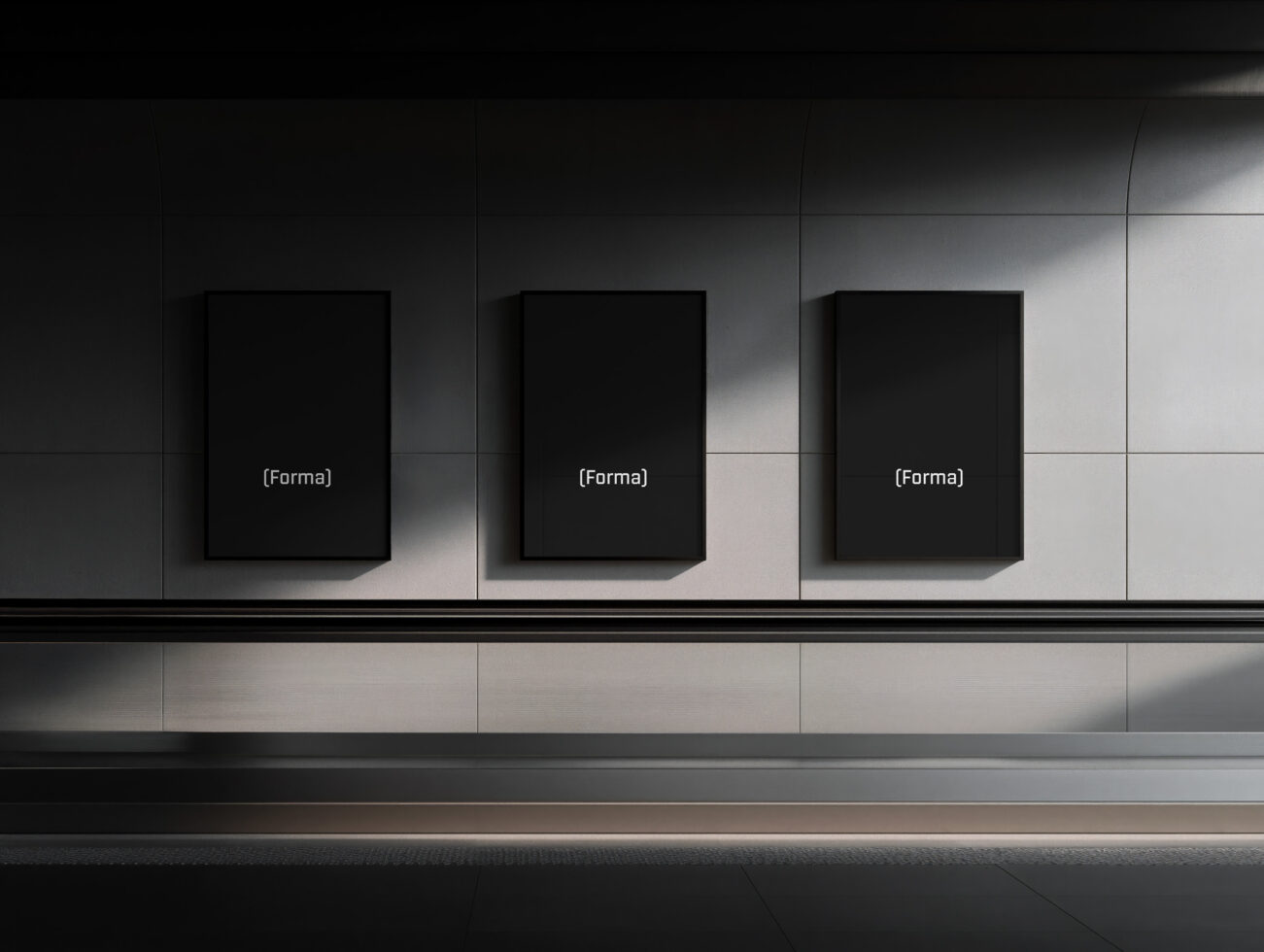 Three black square frames displayed on concrete gallery wall