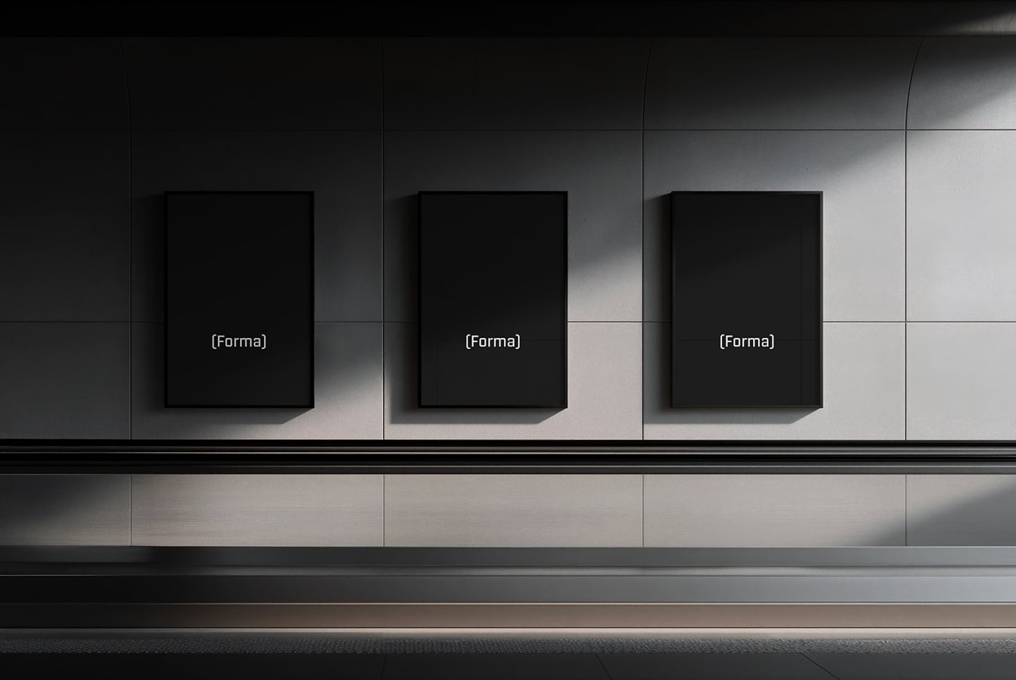 Three empty black frame mockups mounted on minimal gallery space