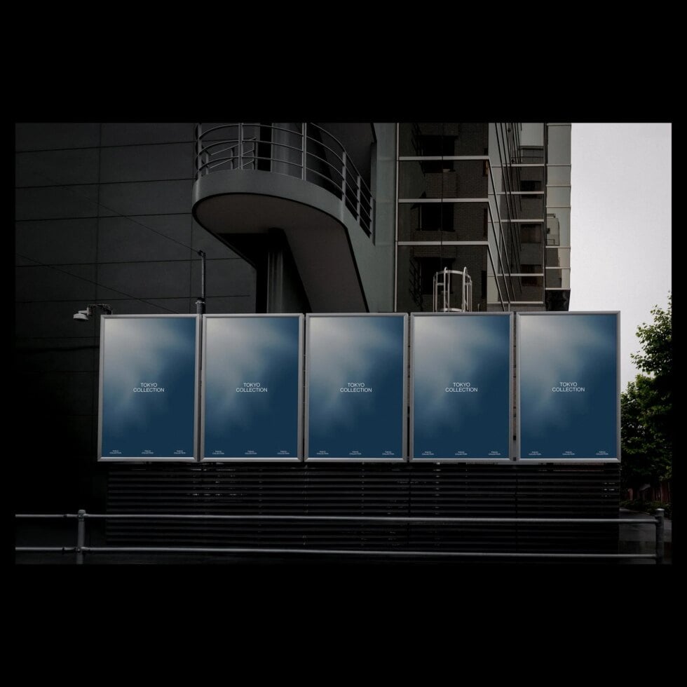 Urban poster mockup on modern building facade featuring sleek blue designs. Ideal for showcasing design templates in cityscape settings.