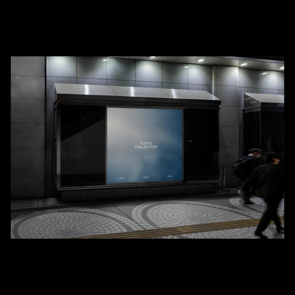 Urban shop window mockup with Tokyo Collection poster on dark wall SEO keywords: urban mockup, shop display, designers, template, poster design