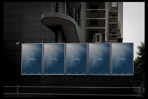 Five outdoor billboard panels displaying Tokyo Collection branding against modern architecture