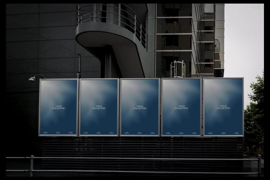 Five outdoor billboard panels displaying Tokyo Collection branding against modern architecture