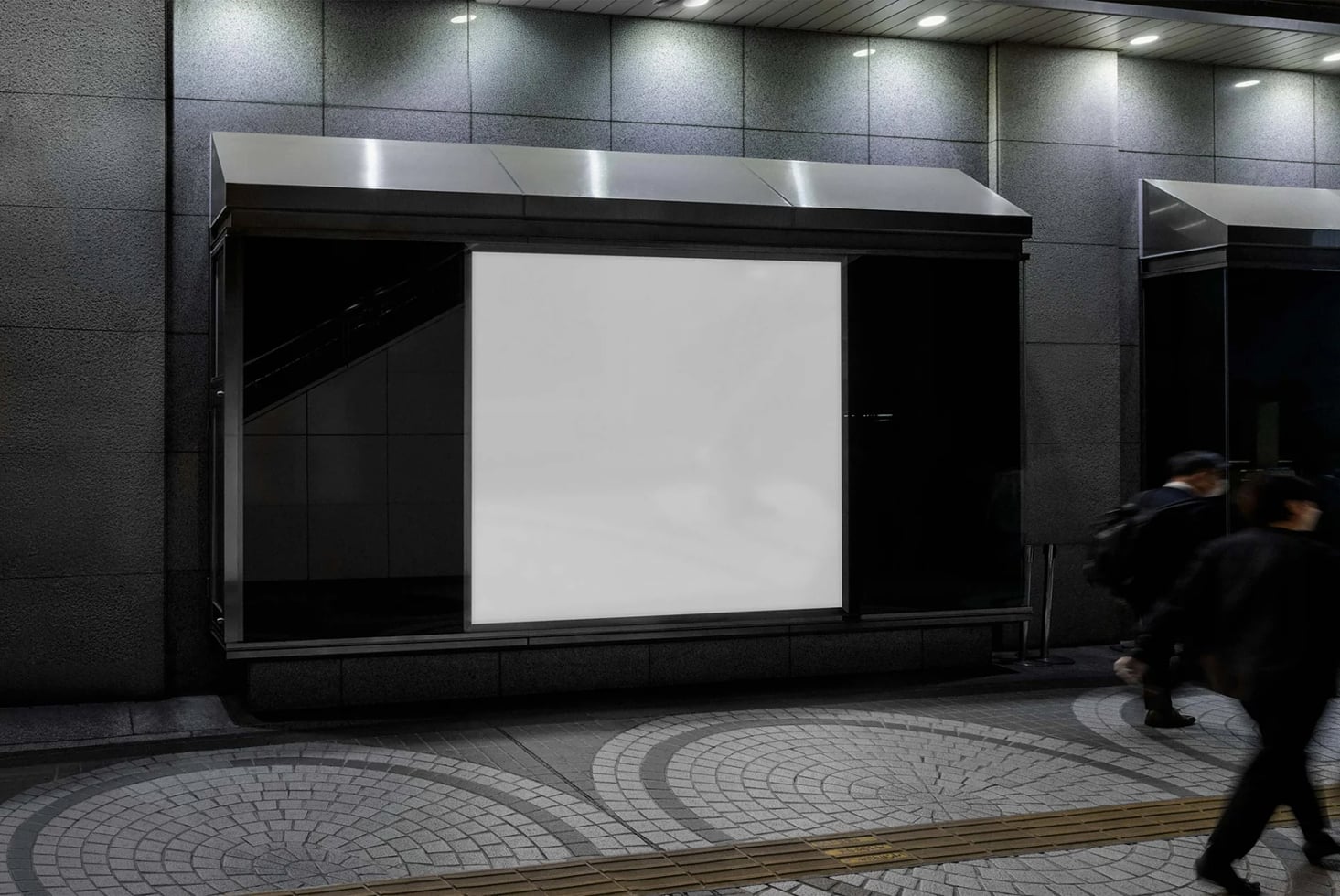 Storefront window mockup with blank poster display, sleek black frame, metal awning, urban street setting with blurred pedestrian passing by