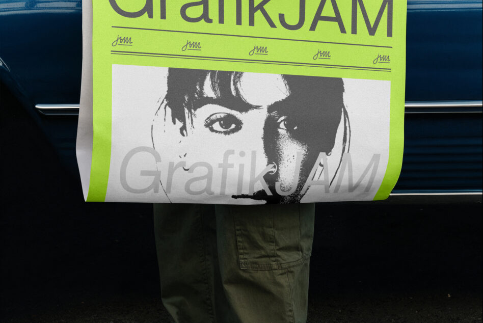 Neon yellow poster mockup with black portrait image held by person against blue car