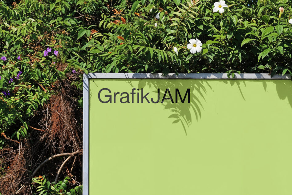 Neon yellow billboard mockup surrounded by garden plants with white flowers