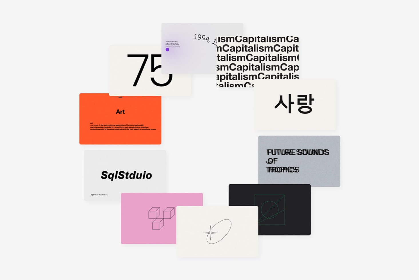 Design system composition featuring large typography, orange rectangle, colorful cards scattered