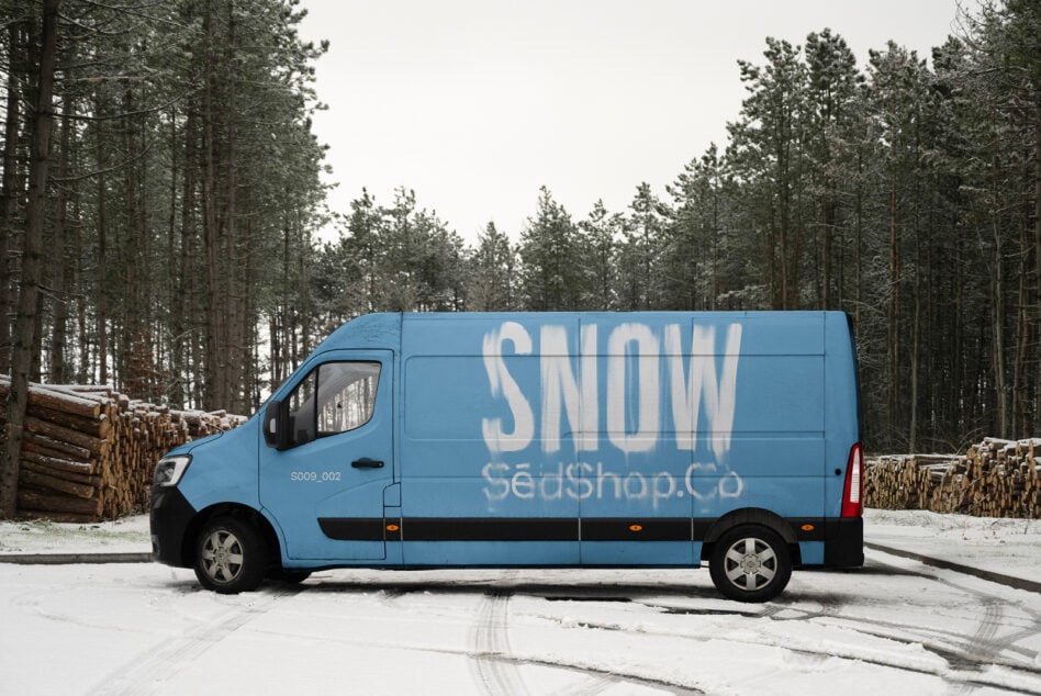 Blue delivery van with white SNOW text graffiti style on side panel
