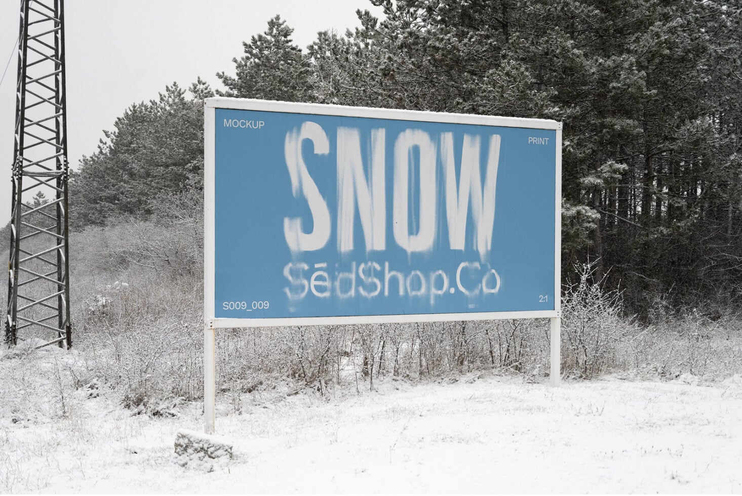 Roadside billboard with blue background showing SNOW text in white letters