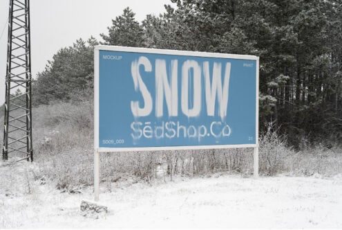 Roadside billboard with blue background showing SNOW text in white letters