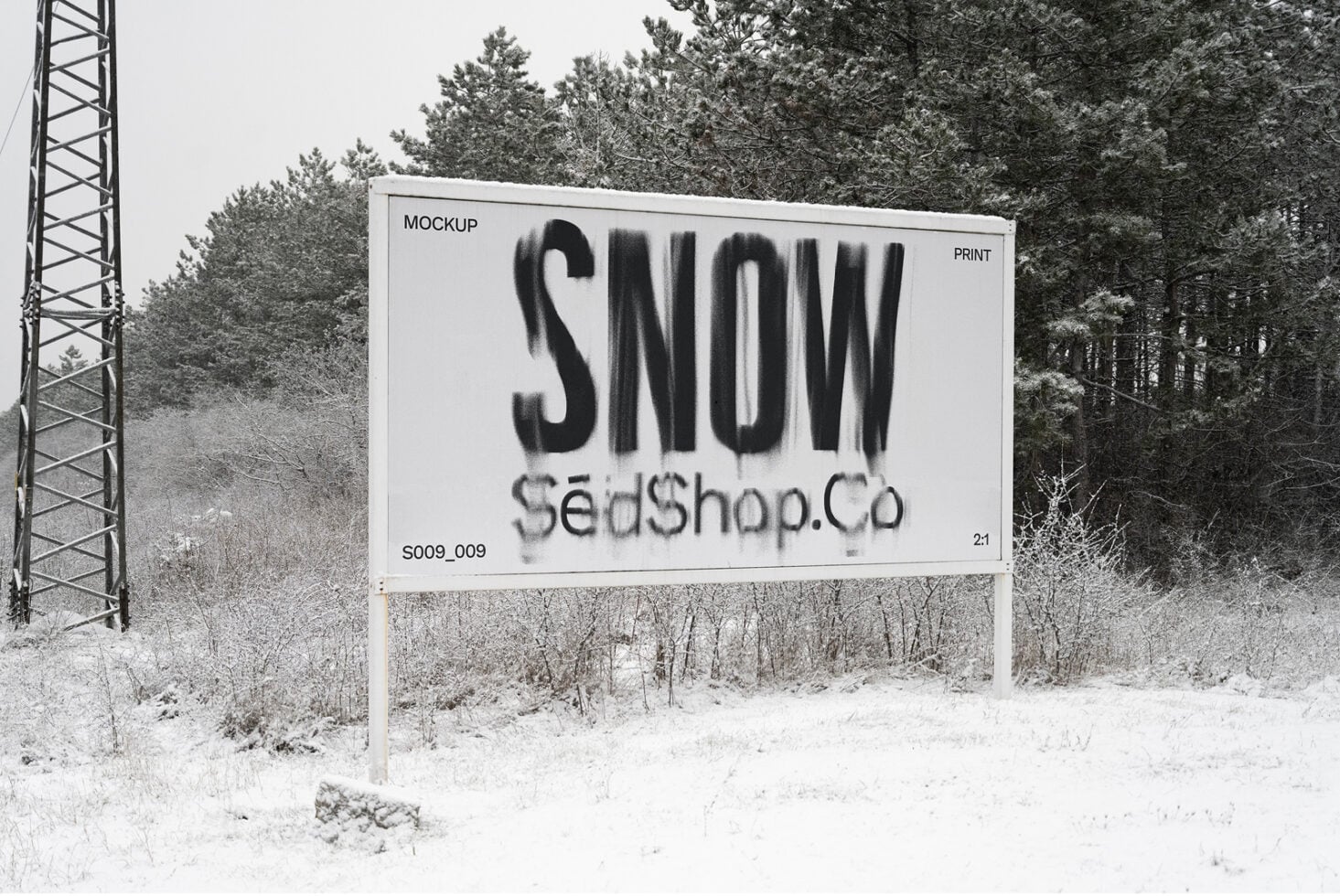Roadside billboard in snowy forest with SNOW text in black spray paint effect