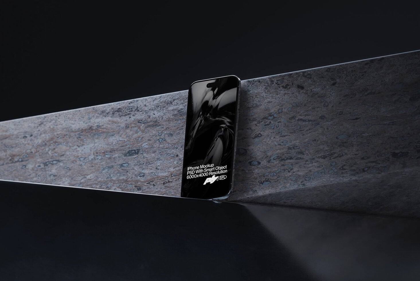 Phone with text overlay positioned on rough concrete architectural element dark scene