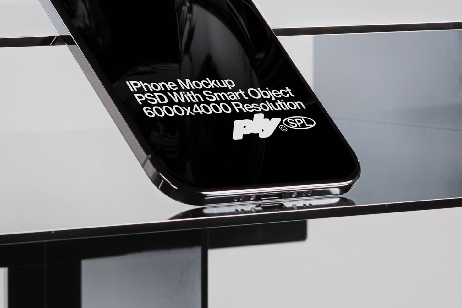Black iPhone mockup tilted on stand with white text on screen