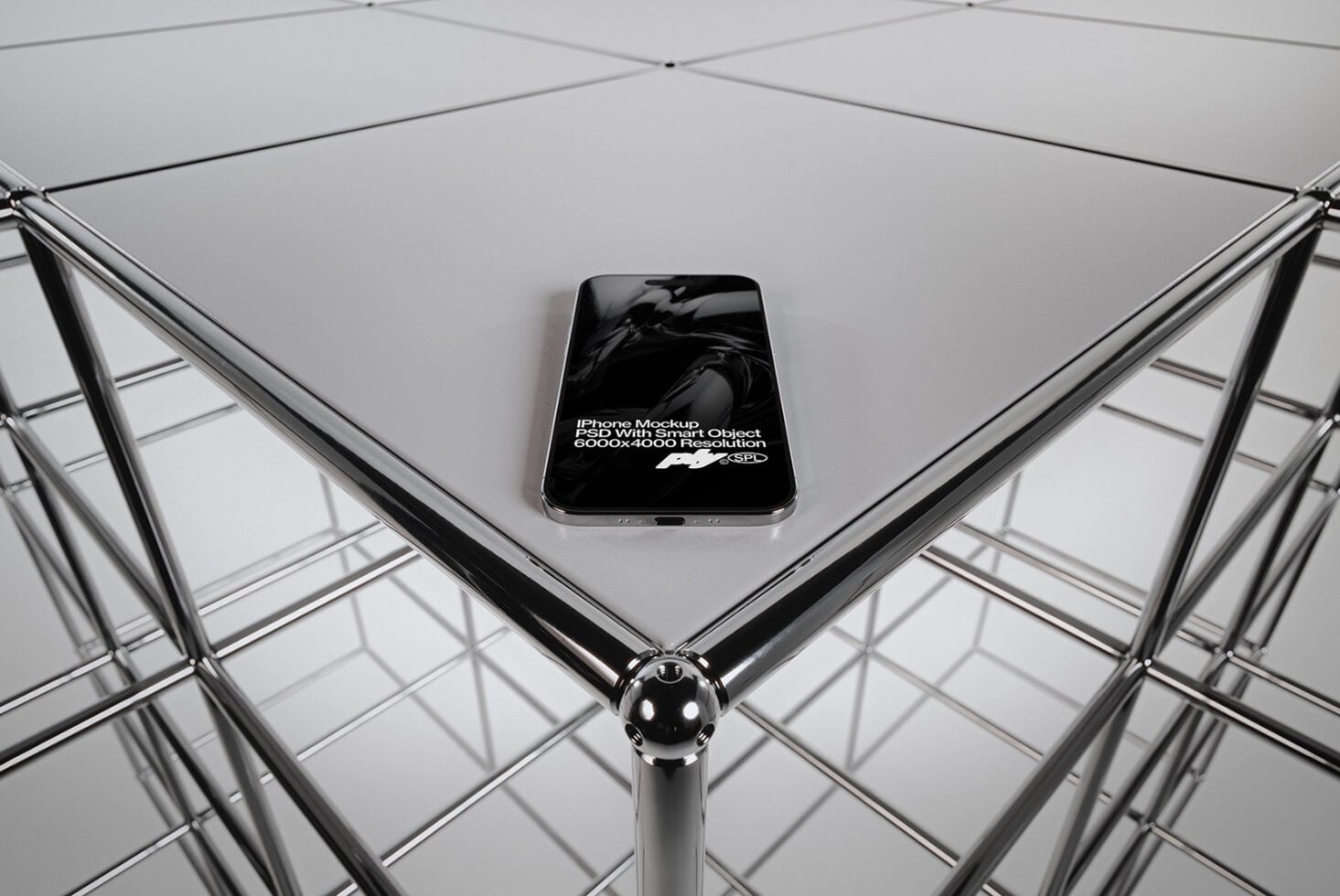 iPhone centered on geometric grid platform with symmetrical metal framework