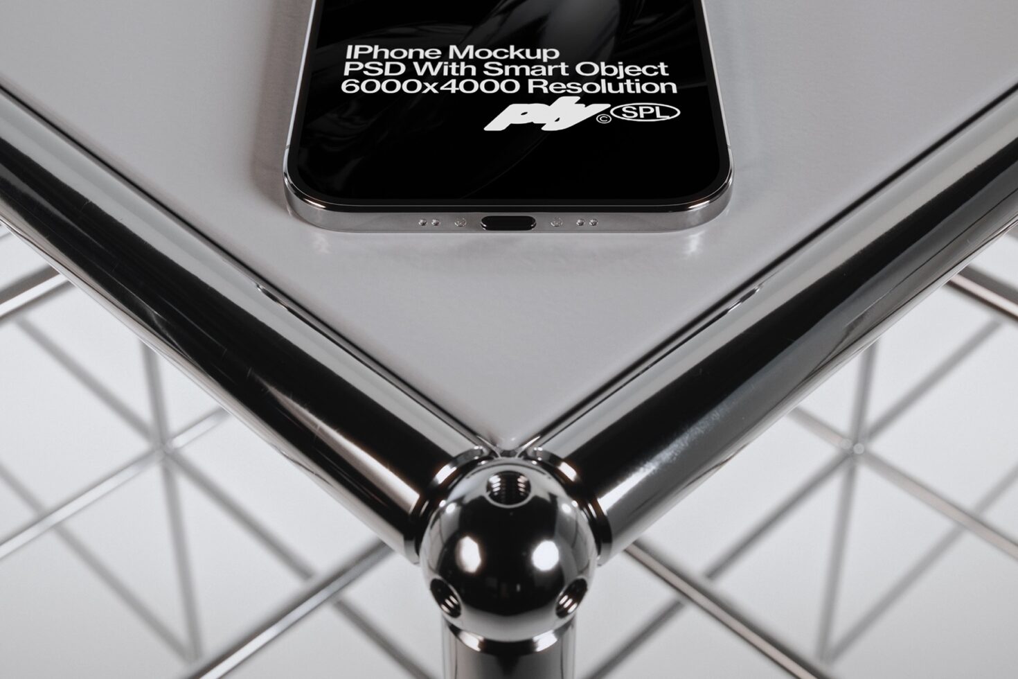 Silver iPhone mockup overhead shot on geometric tile floor surface