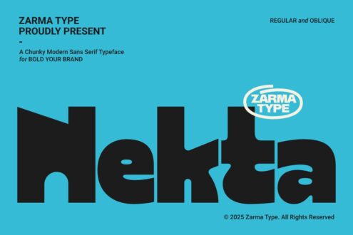 Zarma type chunky modern sans serif font displayed in black letters on bright turquoise background