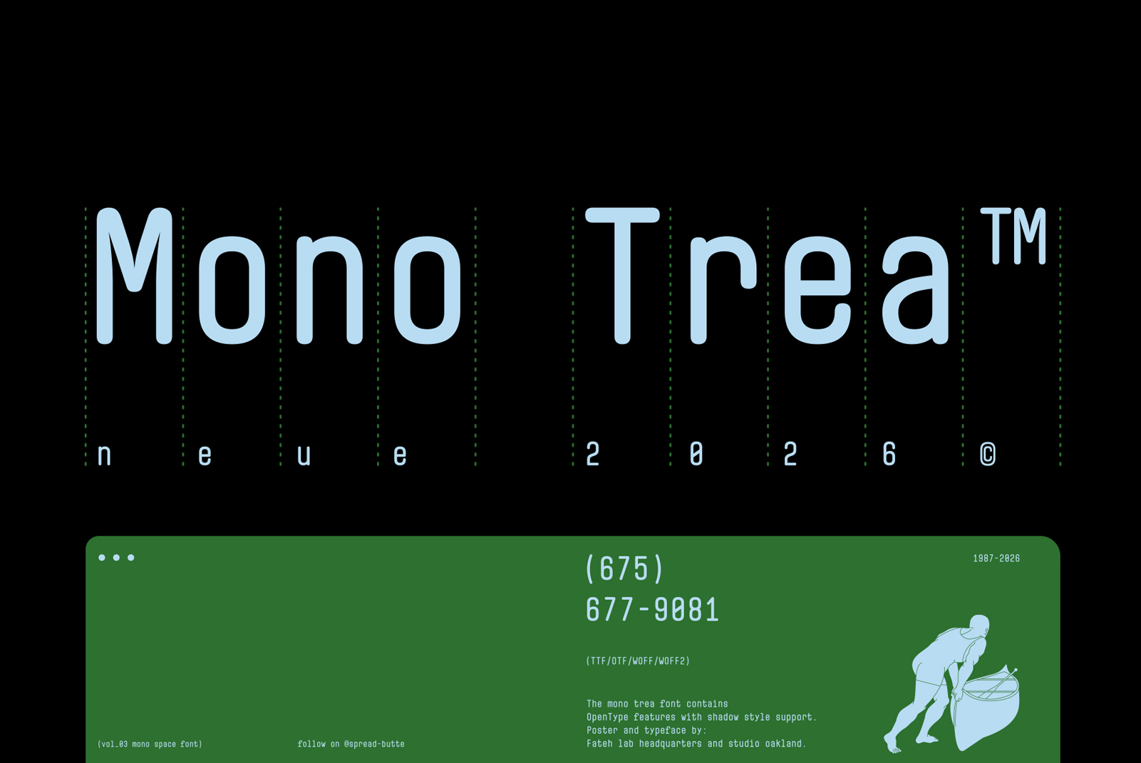 Dark background showing Mono Trea trademark with light blue typeface, green grid pattern, contact number, illustration of person