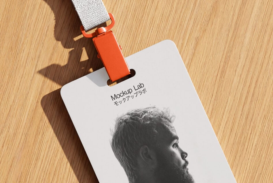 Bright orange lanyard attached to white badge with bearded guy's portrait