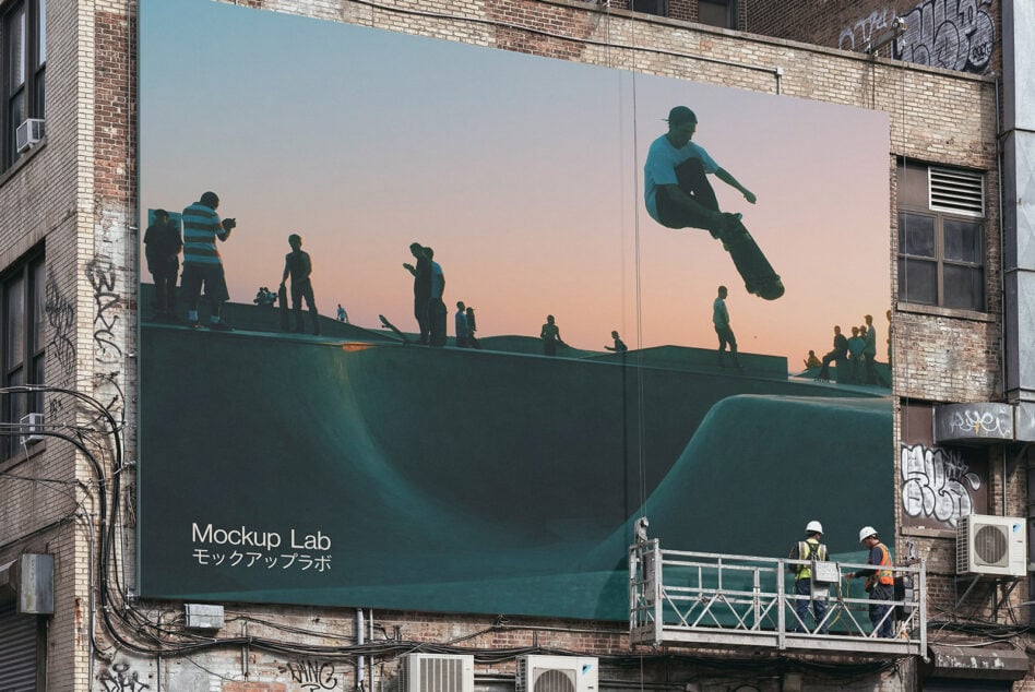 Skateboarder silhouette displayed on oversized billboard at sunset