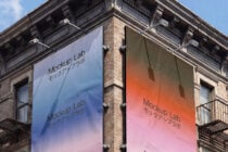 Pair of building banners in gradient colors against ornate cornice