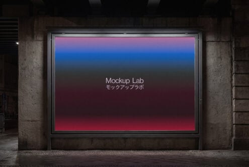 Street billboard mockup with pink to blue gradient background, urban setting