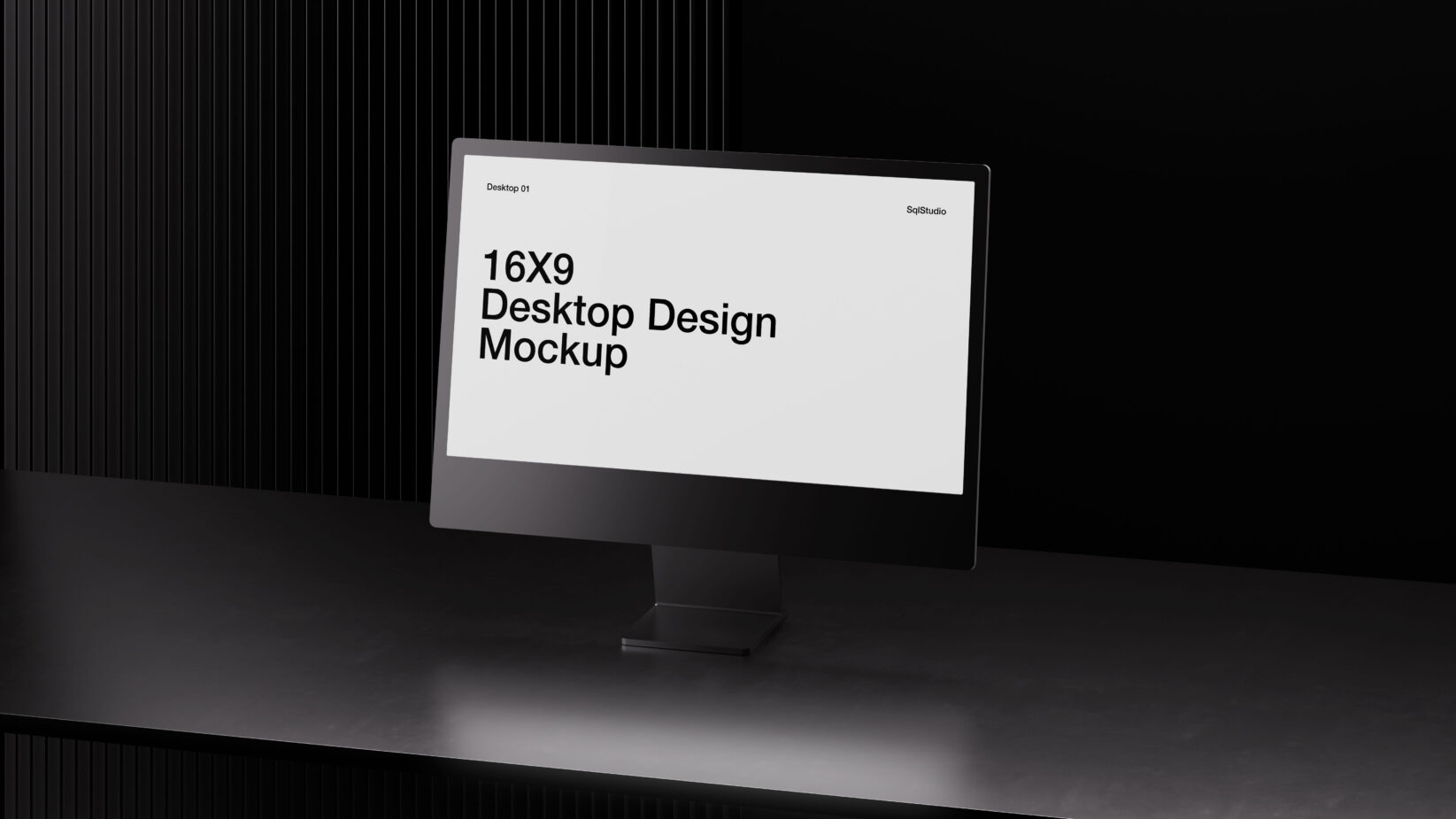 16x9 desktop design mockup with gray monitor on dark striped backdrop