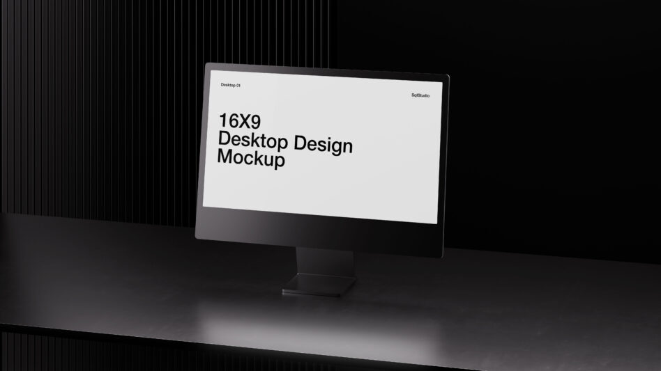 16x9 desktop design mockup with gray monitor on dark striped backdrop