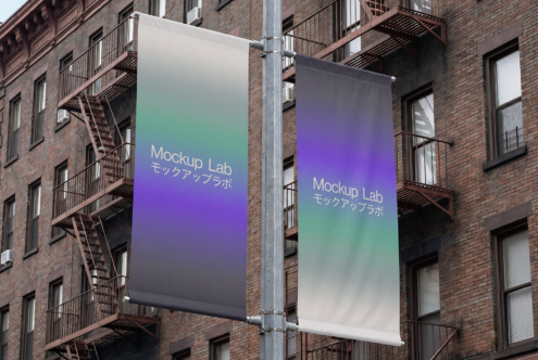 Dual street banners on industrial brick wall with gradient overlays in green plus purple