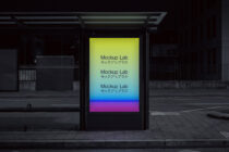Bus shelter display with neon gradient background showing repeated text stacked vertically