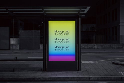 Bus shelter display with neon gradient background showing repeated text stacked vertically