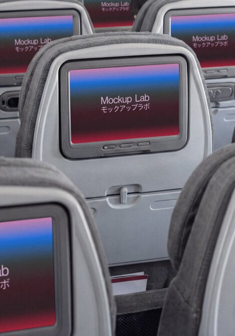 Multiple airplane seat-back screens in row with gradient mockup display visible